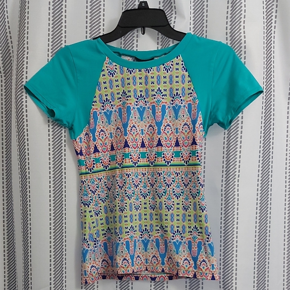Apt. 9 Teal and Multicolor Patterned Top